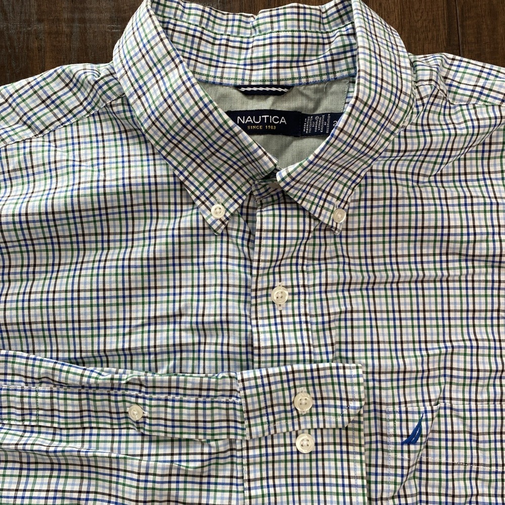Nautica Shirt Mens 2XL Blue Green Check Long Sleeve Button Down Cotton Shirt